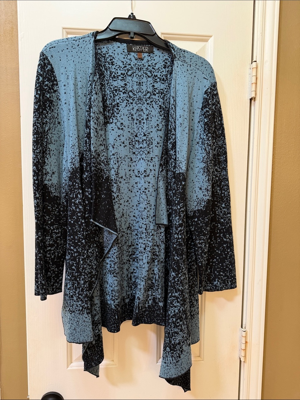 Kasper Blue and Black Draped Open-Front Cardigan